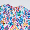 Women's Light Blue Geometric Printed Flutter Sleeve Mock Neck Shirred Blouse - Image 16