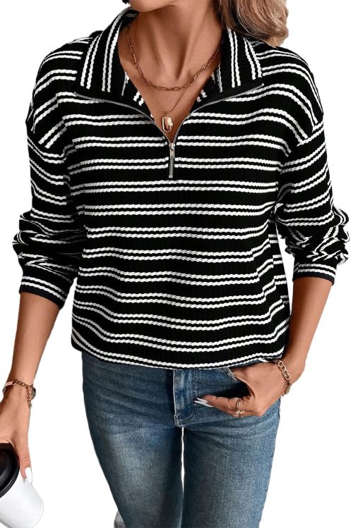 Women's Black Stripe Textured Quarter Zip Long Sleeve Top