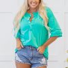 Women's Mint Green Solid Color Half Sleeve Button Henley Top - Image 6