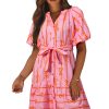 Women's Pink Bowknot Striped Printed Bubble Sleeve Mini Dress with Belt - Image 13