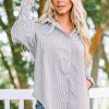 Women's Oversized Smocked Cuffed Striped Boyfriend Shirt with Pocket - Image 6