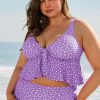 Women's Plus Size Purple Polka Dot Print Ruffled Knotted V Neck Tankini Set - Image 6