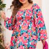 Women's Plus Size Rose Floral Smocked Square Neck Mini Dress - Image 7