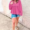 Women's Bright Pink Bubble Sleeve Turn-down V Neck Corded Blouse - Image 6