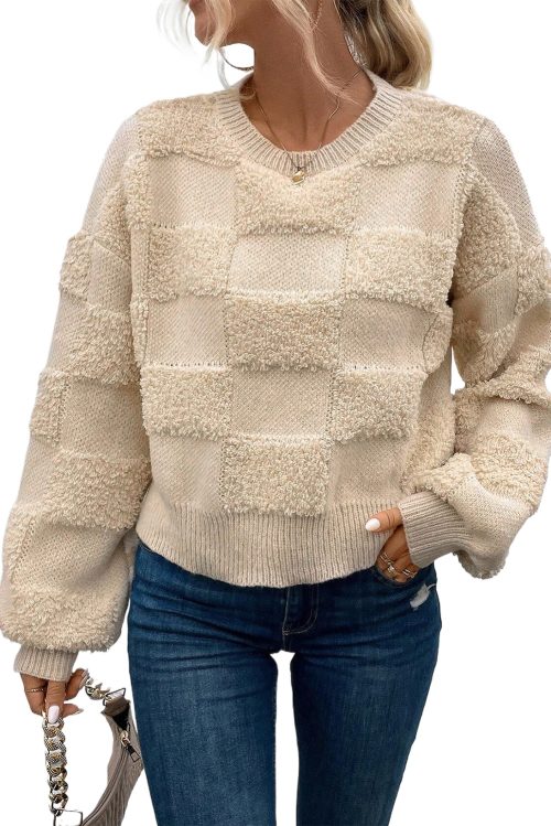 Women's Parchment Checkered Sherpa Crew Neck Sweater