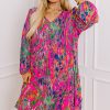 Women's Plus Size Rose Abstract Floral Print Pleated Dress with Puff Sleeves - Image 13