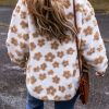 Women's Cozy Light French Beige Flower Pattern Button Up Fleece Jacket - Image 2