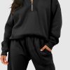 Women's Black Plain Half Zip V-Neck Ribbed Edge Loose Tracksuit - Image 6