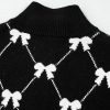 Women's Black Preppy Bow Print Zipped Collar Short Sleeve Sweater Tee - Image 8