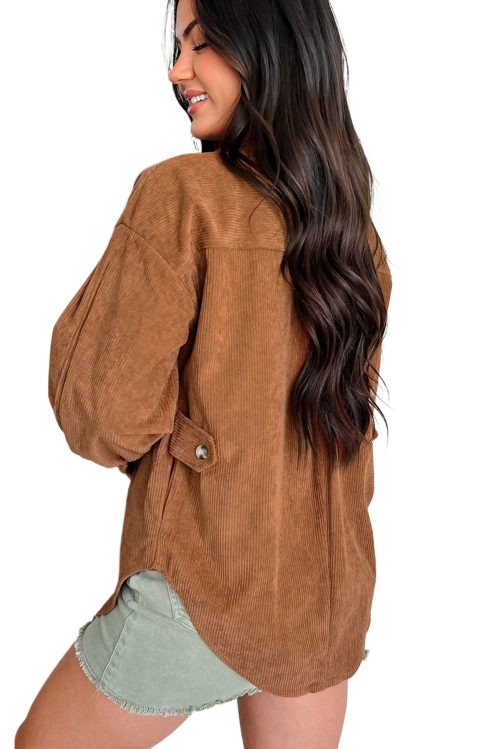 Women's Cinnamon Corduroy Flap Pocket Button Up Shacket with Round Hem