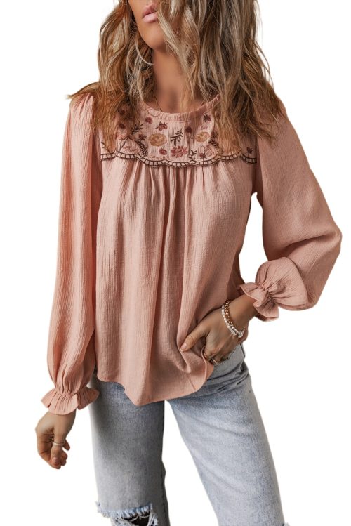 Gossamer Pink Floral Embroidered Blouse with Flounce Sleeves - Elegant Women's Top