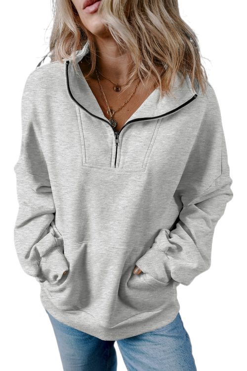 Women's Light Grey Zip-Up Stand Neck Sweatshirt with Kangaroo Pockets