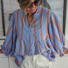 Women's Sky Blue Stripe Crinkled Ruffled Sleeve Button Up Loose Shirt - Image 2