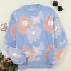 Women's Beau Blue Floral O Neck Drop Shoulder Knitted Sweater for Casual Elegance - Image 8