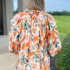 Women's Yellow Abstract Print Drawstring Frilled V Neck 3/4 Sleeve Blouse - Image 2