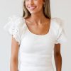 Women's White Eyelet Ruffle Sleeve Slim Fitted Top - Chic Summer Blouse - Image 11