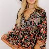 Black Plus Size Paisley Floral Print V Neck Bubble Sleeve Blouse for Women - Image 7