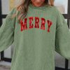 Women's Grass Green MERRY Letter Printed Corded Baggy Sweatshirt for Christmas - Image 3