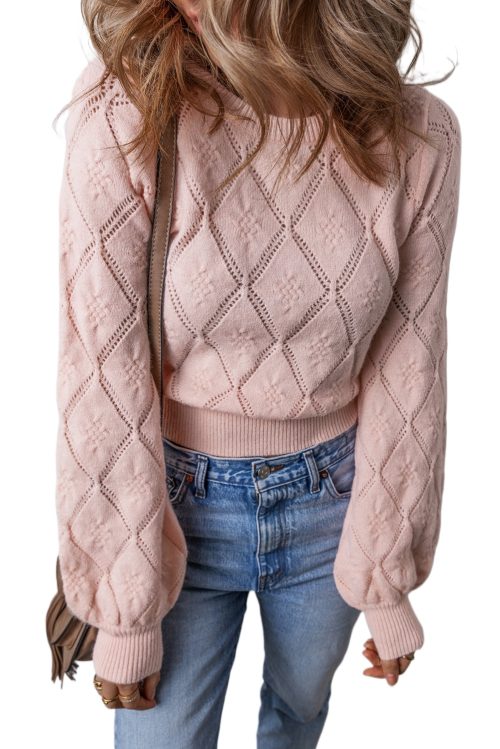 Women's Gossamer Pink Openwork Plaid Puff Sleeve Cropped Sweater