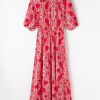 Women's Red Paisley Print Puff Sleeve High Waist Maxi Dress with Side Slit - Image 8