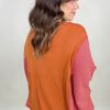 Plus Size Orange Textured Knit Color Block Long Sleeve Top with Chest Pocket - Image 2