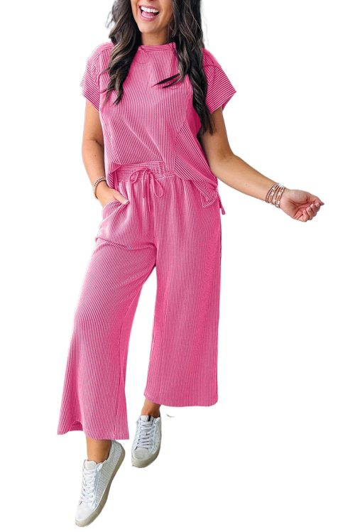 Bright Pink Solid Corded Knit Short Sleeve T-Shirt and Wide Leg Pants Set for Women