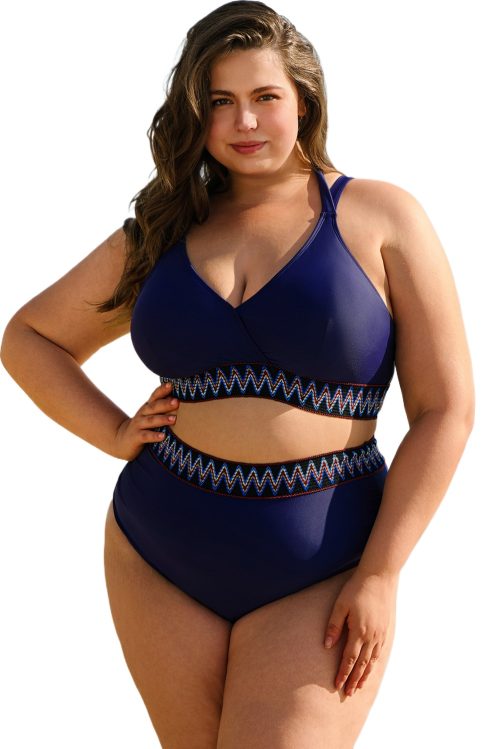 Plus Size Navy Blue Embroidered Trim Wrap Tie Knot High Waisted Bikini