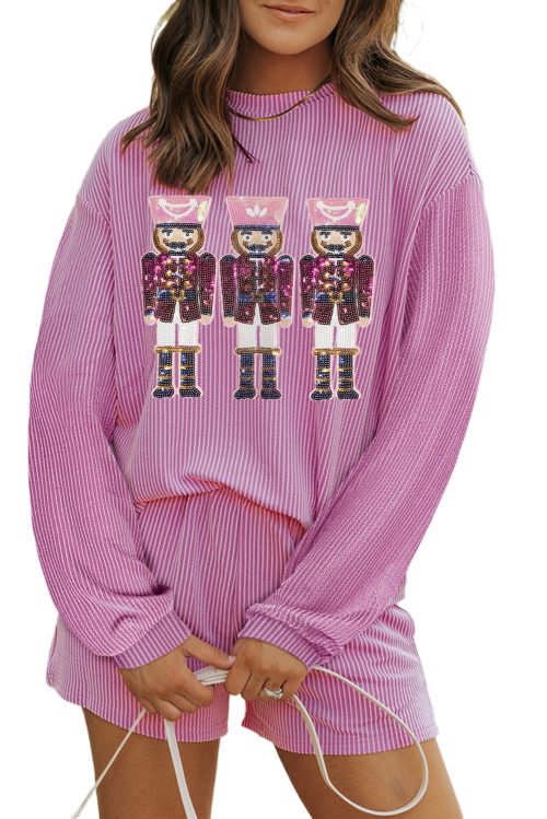 Women's Phalaenopsis Sequin Nutcracker Long Sleeve Corded Christmas Shorts Set