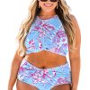 Sky Blue Plus Size Floral Print Twisted High Waist Bikini Set for Women - Image 24