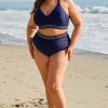 Plus Size Navy Blue Embroidered Trim Wrap Tie Knot High Waisted Bikini - Image 8