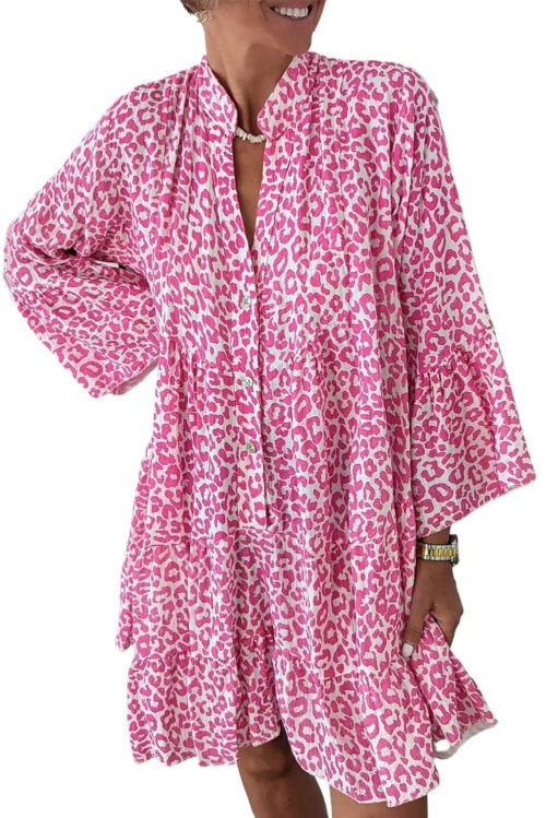 Women's Bright Pink Leopard Printed Long Sleeve Buttoned Front Mini Dress