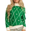 Women's Dark Green Diamond Pattern High Neck Christmas Sweater with Pom Accents - Image 30