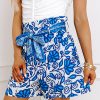 Women's Blue Floral Print High Waist Casual Shorts with Pocket and Front Knot Detail - Image 3