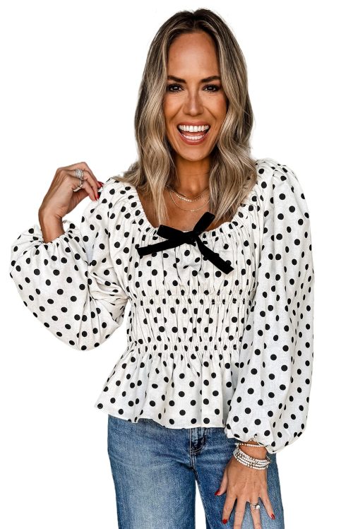 Women's Black Polka Dot Puff Sleeve Peplum Top with Bow Detail and Square Neckline