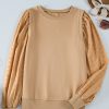 Women's Pale Khaki Textured Patchwork Round Neck Sweatshirt - Image 3