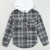 Women's Black Plaid Print Flap Pockets Contrast Hooded Loose Shacket - Image 3