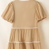 Chic Pale Khaki Puff Sleeve Tied Neck Short Dress with Contrast Trim - Image 5