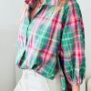 Women's Green Plaid 3/4 Sleeve Collared Loose Fit Shirt - Image 10