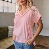 Women's Light Pink Lace Patchwork V Neck T-Shirt with Exposed Seams - Image 7