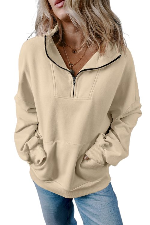 Women's Smoke Gray Zip-up Stand Neck Kangaroo Pocket Sweatshirt