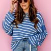 Plus Size Sky Blue Stripe Drop Shoulder O Neck Sweater - Image 7