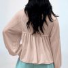 Women's Parchment Corded Turn-down V Neck Bubble Sleeve Babydoll Blouse - Image 3