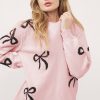 Women's Light Pink Bow Pattern Knitted Loose Fit Sweater for Casual Style - Image 5