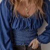 Women's Dark Blue Smocked Ruffled Puff Sleeve Denim V Neck Blouse - Image 8