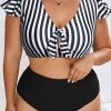 Plus Size Black Stripe 2-Piece Knot Cutout Ruffle Sleeve Swimsuit - Image 3