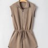 Women's Dark Khaki Textured Short Sleeve Half Zip Drawstring Waist Romper - Image 6