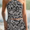 Chic Women's Black Abstract Printed Buckle Crossed Straps Skirted Tankini 2pcs Swimsuit - Image 6