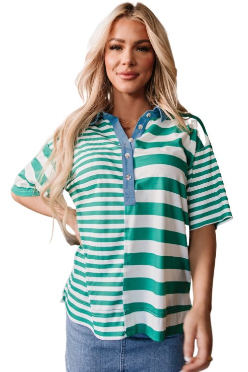 Women's Green Stripe Colorblock Collar Half Button T-Shirt - Casual Summer Style