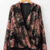 Women's Black Floral Print Criss Cross V Neck Balloon Sleeve Blouse - Image 7