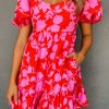 Women's Red Floral Bubble Sleeve Sweetheart Neck Ruffled Mini Dress - Image 9